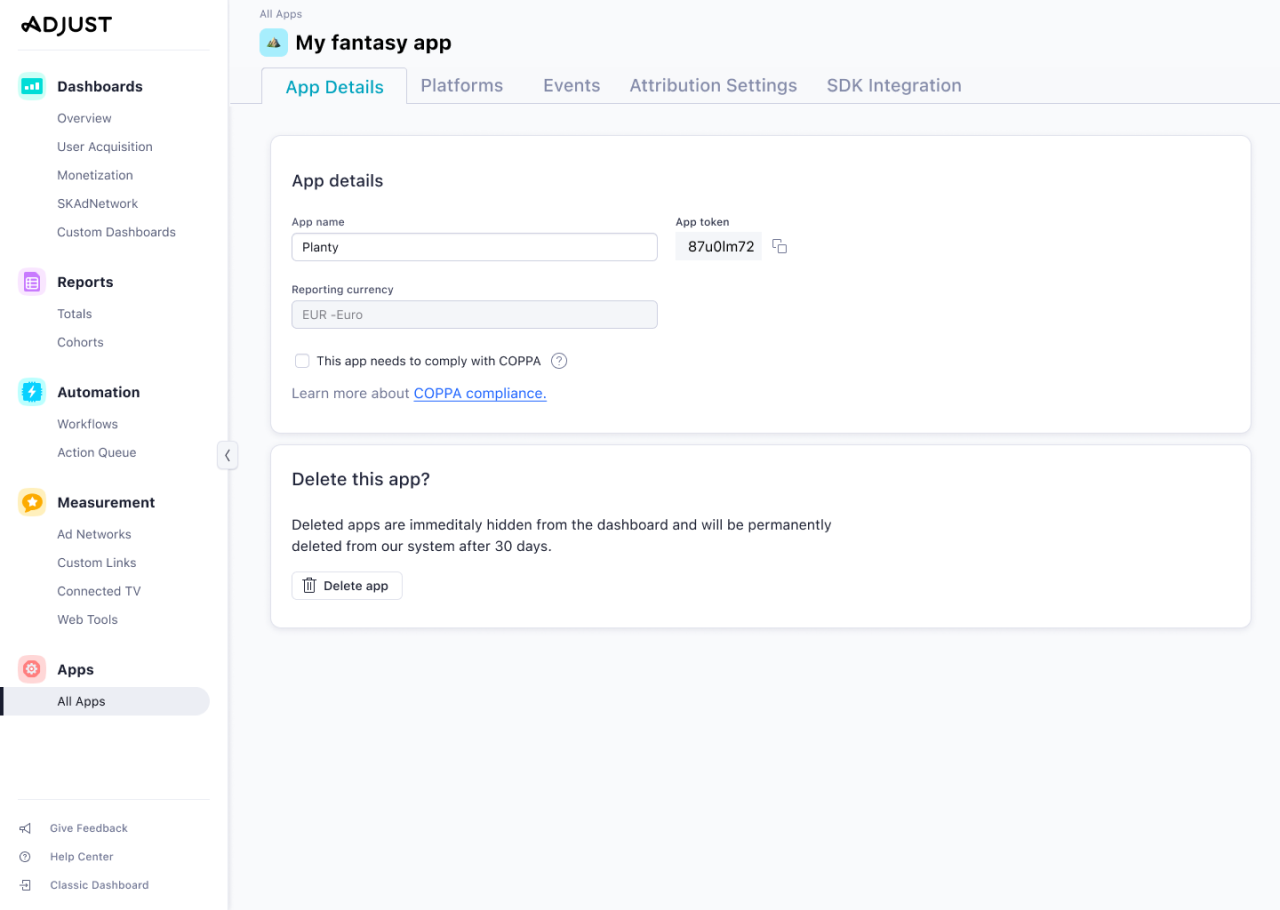 Adjust redesign — configure tracking tab