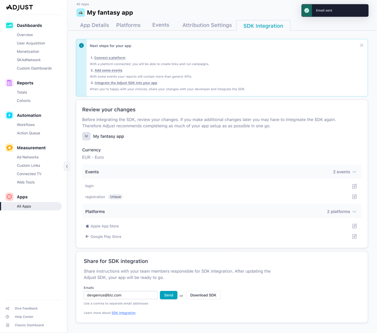 Adjust redesign — SDK integration review screen