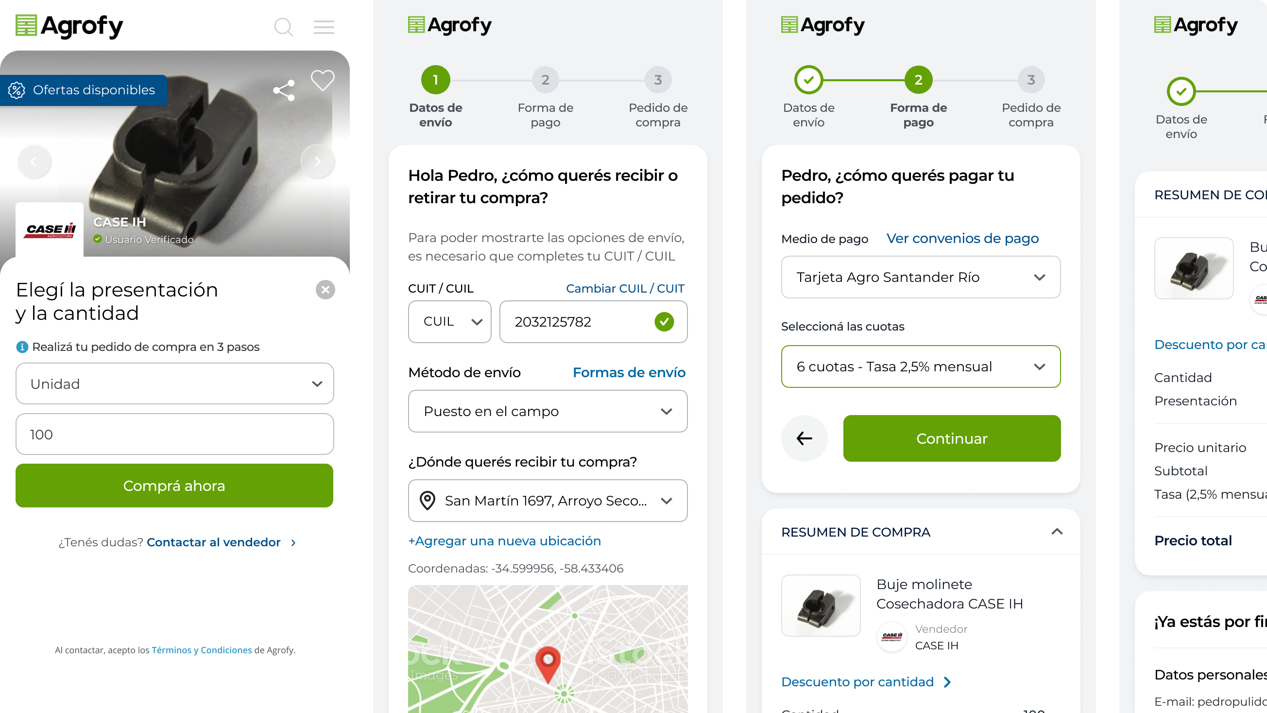 Agrofy — mobile checkout flow: product page, shipping, payment, and order summary