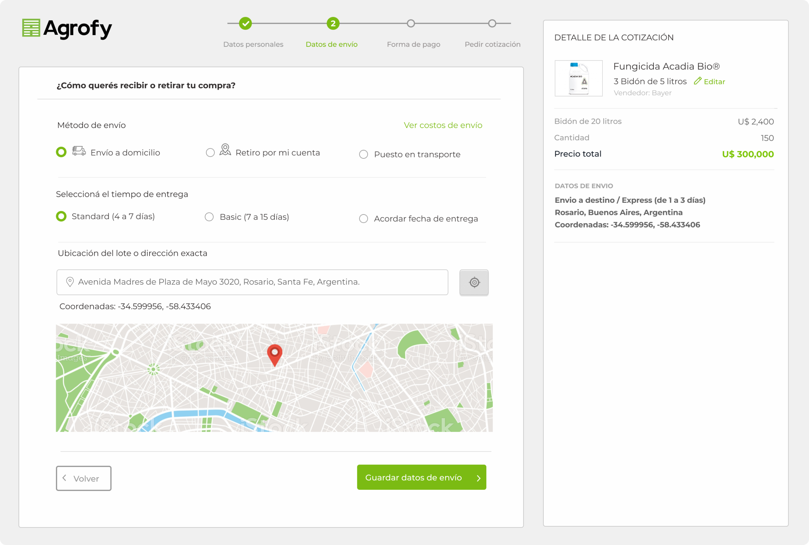 Agrofy — delivery step in the Fungicida checkout flow