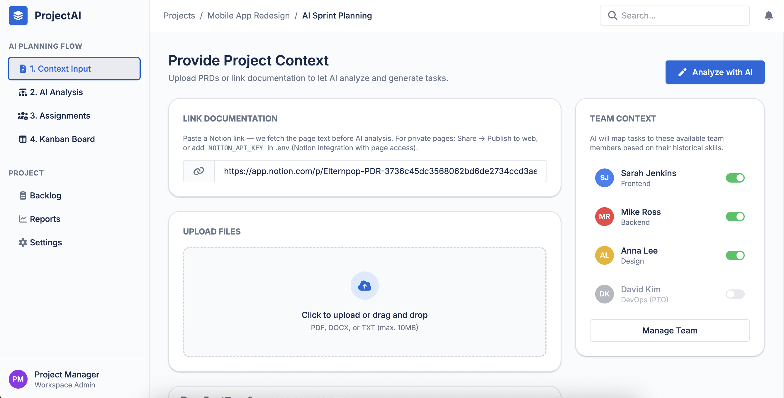 Mari — Context Input screen with Notion link field and Team Context panel